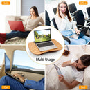 Composite picture showing the Bamboo Laptop Lap Desk with Pillow Cushion Stand Holder Table in the middle surrounded by a woman with a laptop on her lap, a girl reading an iPad on her bed, a man typing on a laptop in an airplace and a smiling woman reading from a laptop 