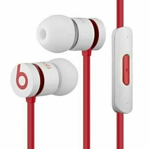 View of red pair of Beats by Dr. Dre UrBeats Earphones with volume controller