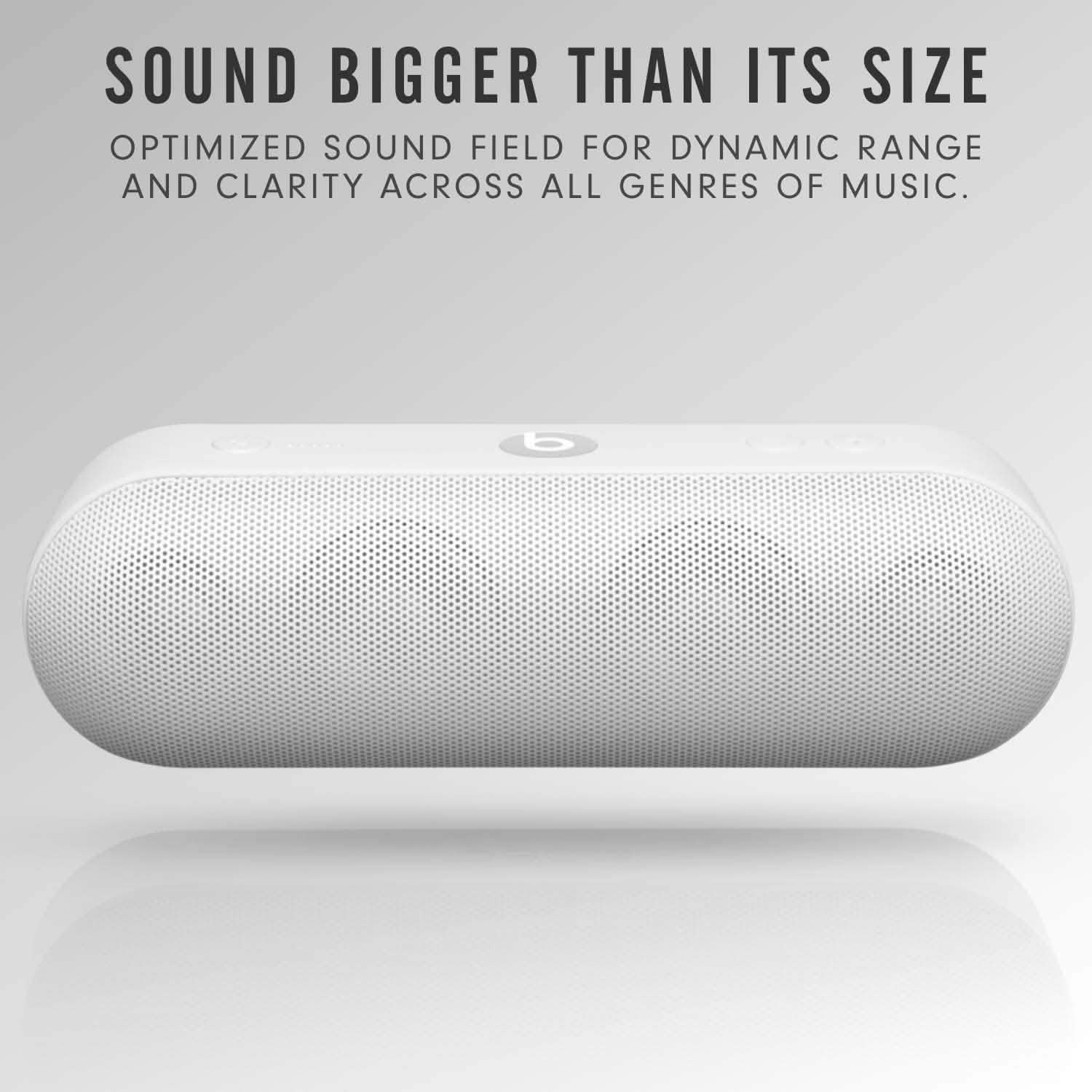 Front view of Beats by Dr. Dre Beats Pill Plus Portable Wireless Speaker (Refurbished) in white, hovering over a white surface
