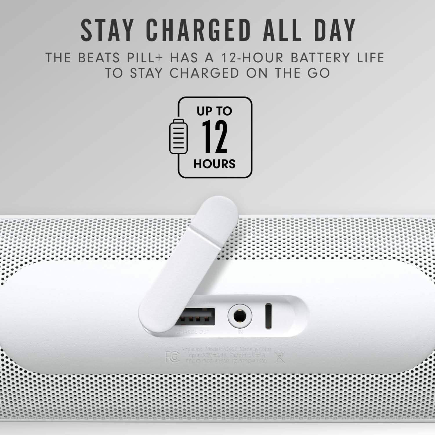 Top view of Beats by Dr. Dre Beats Pill Plus Portable Wireless Speaker (Refurbished) in white showing its connection ports