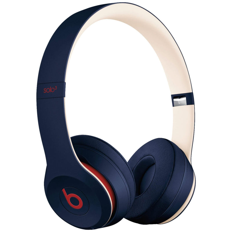 Angled front view Beats Solo 3 Wired Headphones - Assorted Colors (Refurbished) in blue and white