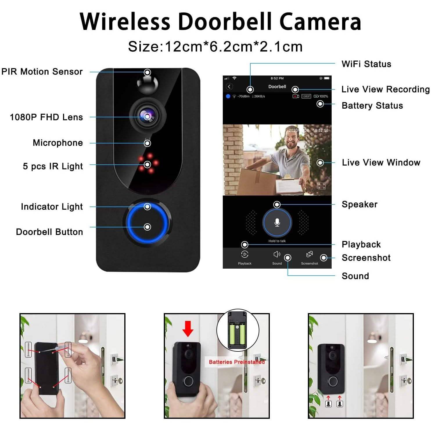 Diagram of Bextgoo Wireless Doorbell Camera 1080P with Chime listing all features plus three inset images showing installation instructions