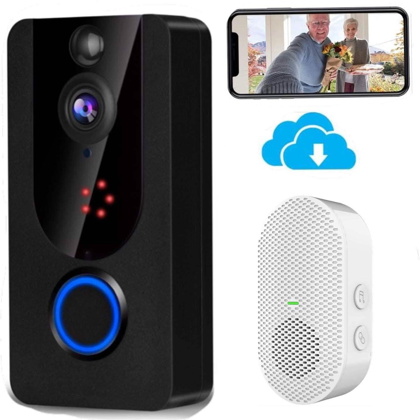 Closeup of Bextgoo Wireless Doorbell Camera 1080P with Chime next to white wireless speaker