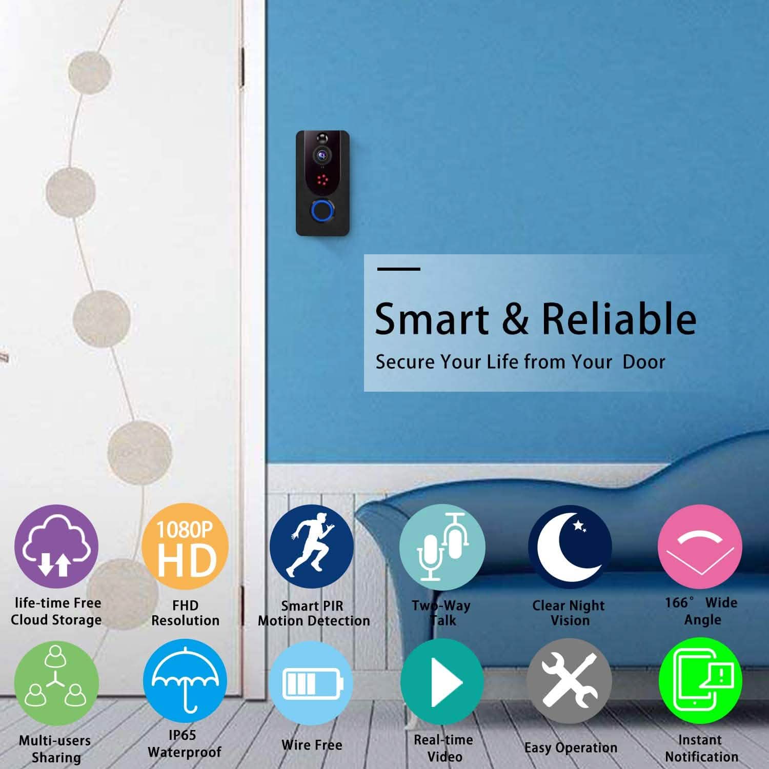 Bextgoo Wireless Doorbell Camera 1080P with Chime installed on a blue wall next to a door