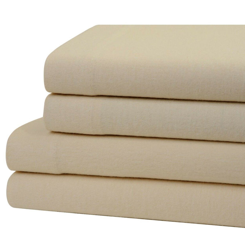 Bibb Home 100% Cotton Solid Flannel Sheet Set on display on a bed in beige