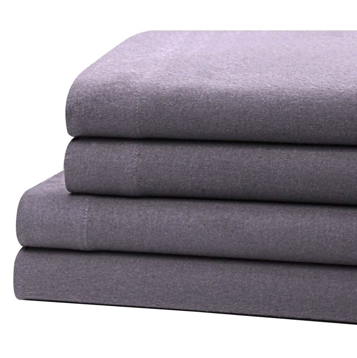 Bibb Home 100% Cotton Solid Flannel Sheet Set on display on a bed in grey