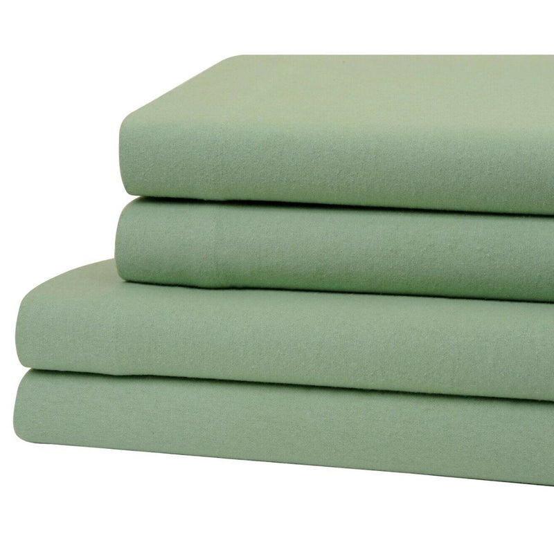 Bibb Home 100% Cotton Solid Flannel Sheet Set on display on a bed in sage
