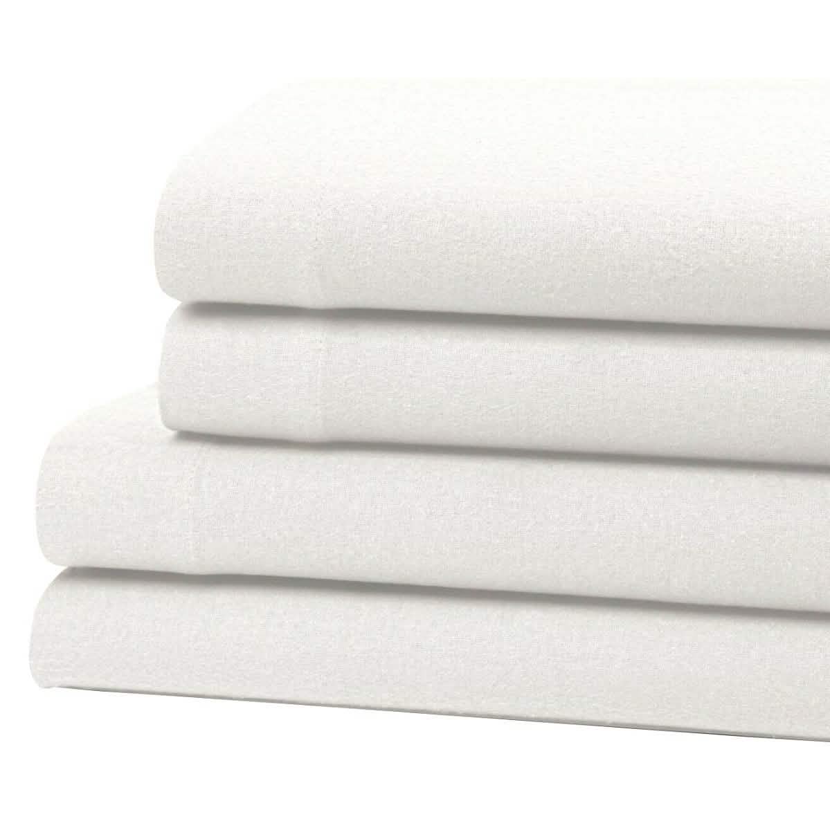 Bibb Home 100% Cotton Solid Flannel Sheet Set on display on a bed in white