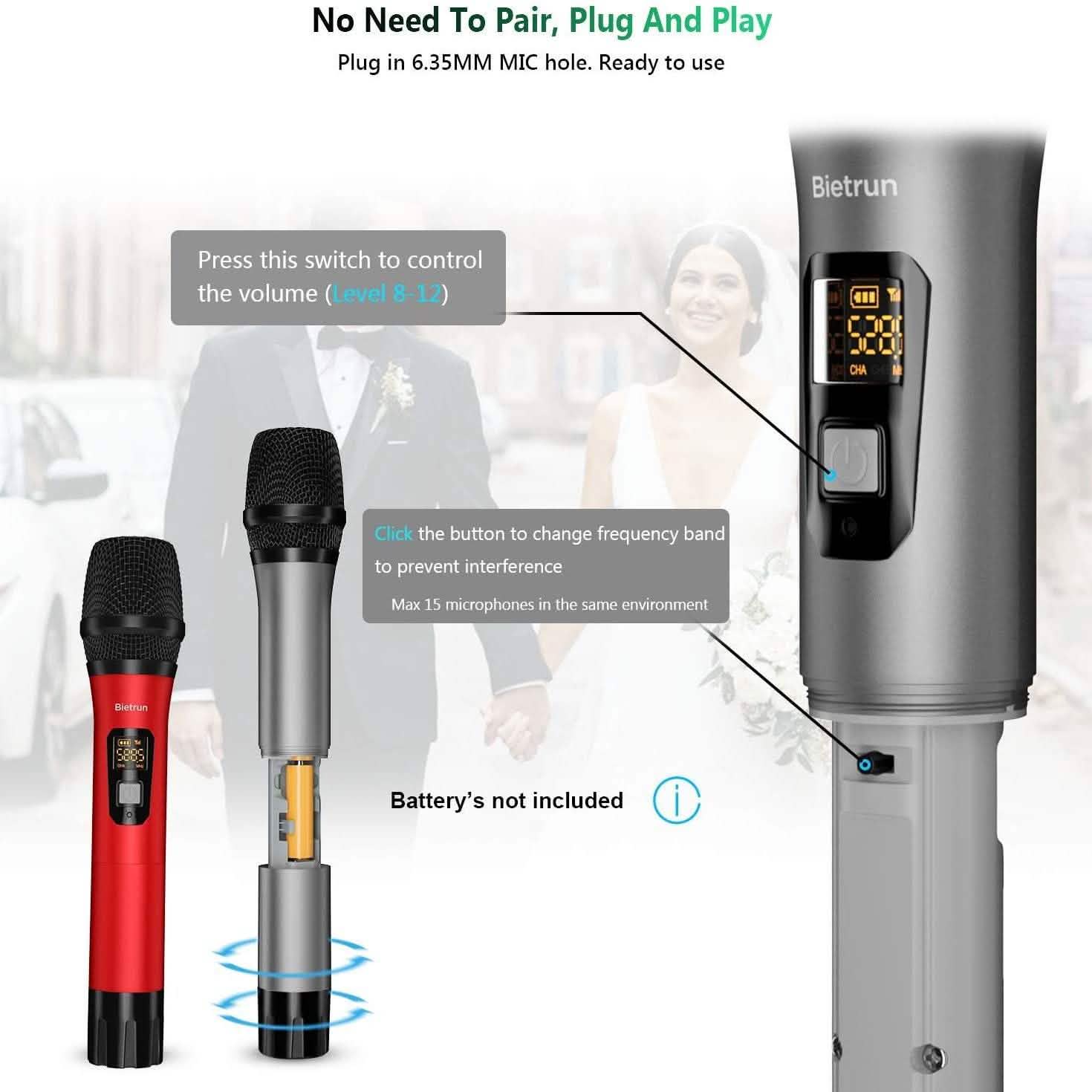 Bietrun Wireless UHF Metal Dual Handheld Dynamic Mic Karaoke System Headphones & Audio - DailySale