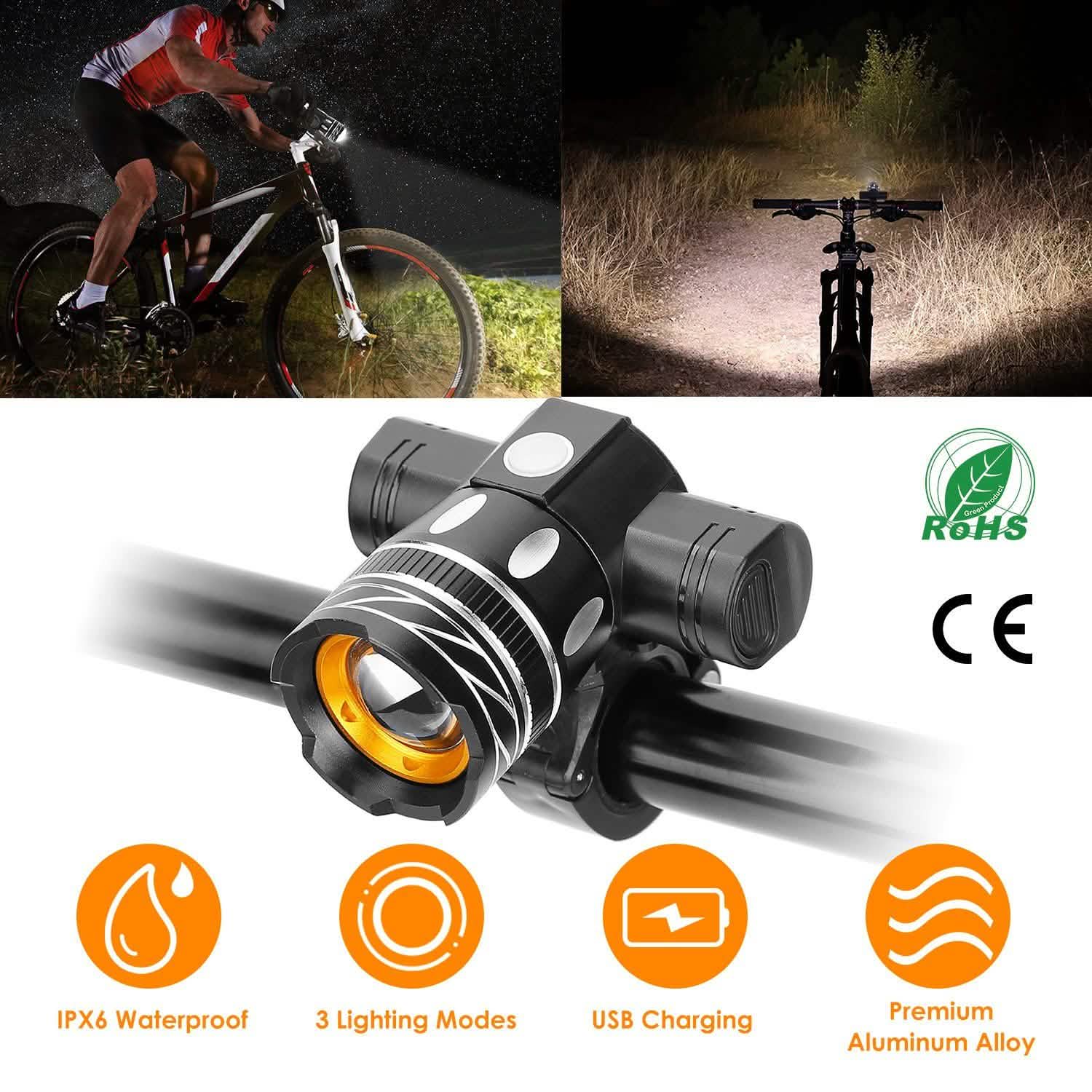 Bike Headlight USB Rechargeable with Bracket Sports & Outdoors - DailySale