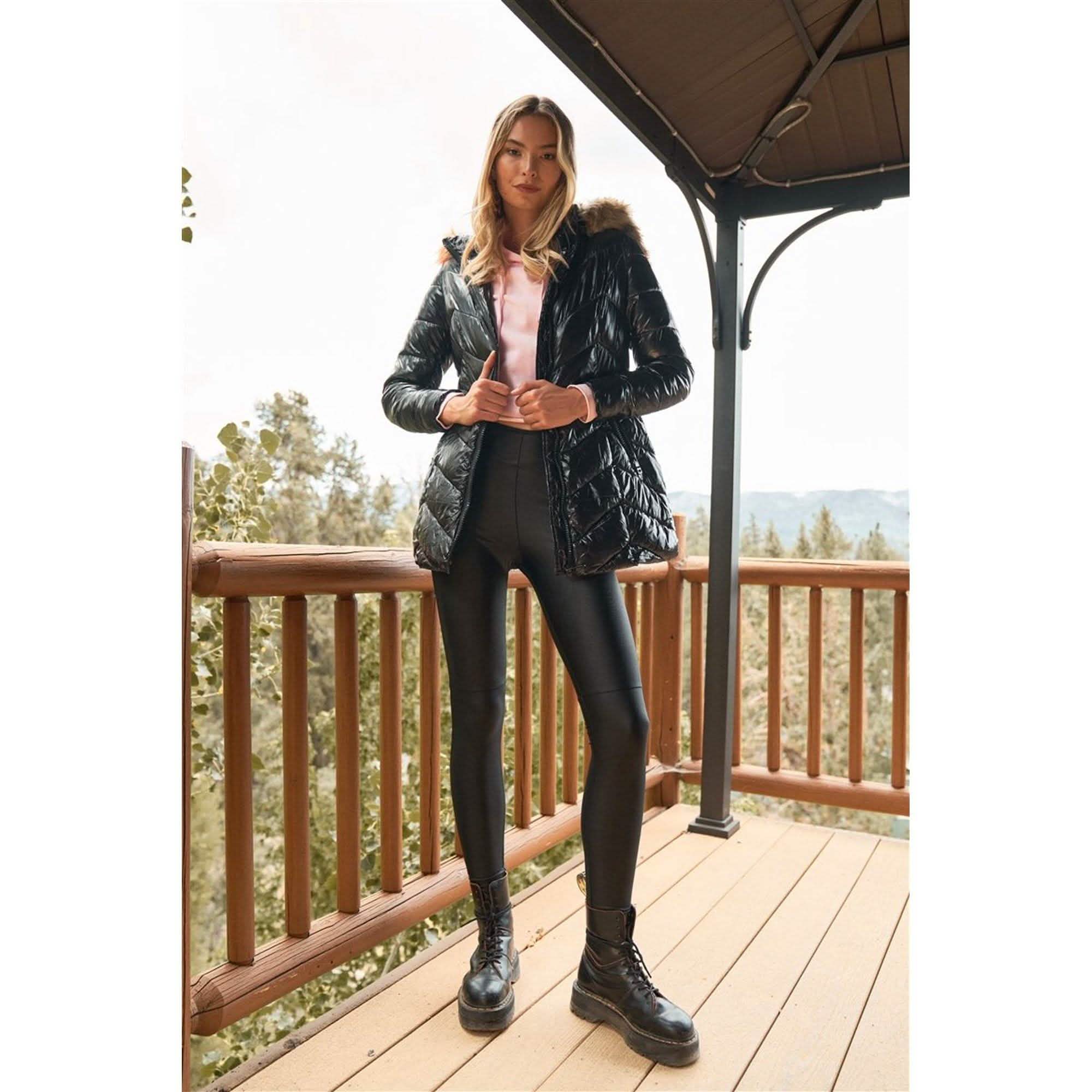 Black Vinyl Glossy Finish Fitted Faux Fur Hood Chevron Padded Puffer Jacket Women's Outerwear - DailySale