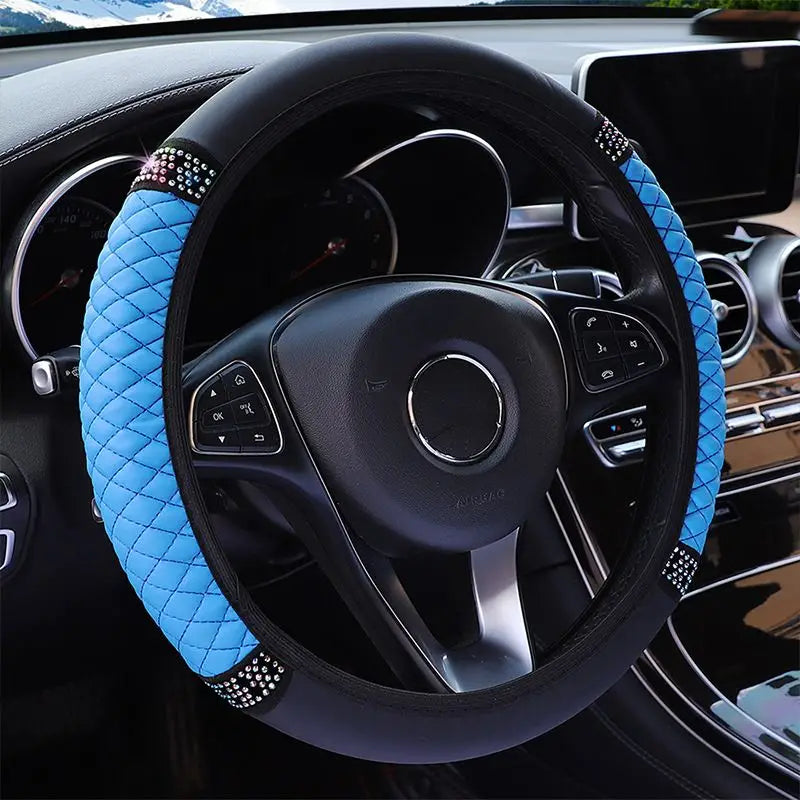 Bling Soft Leather Car Steering Wheel Cover Non-Slip Heat And Cold Protector Automotive Blue - DailySale
