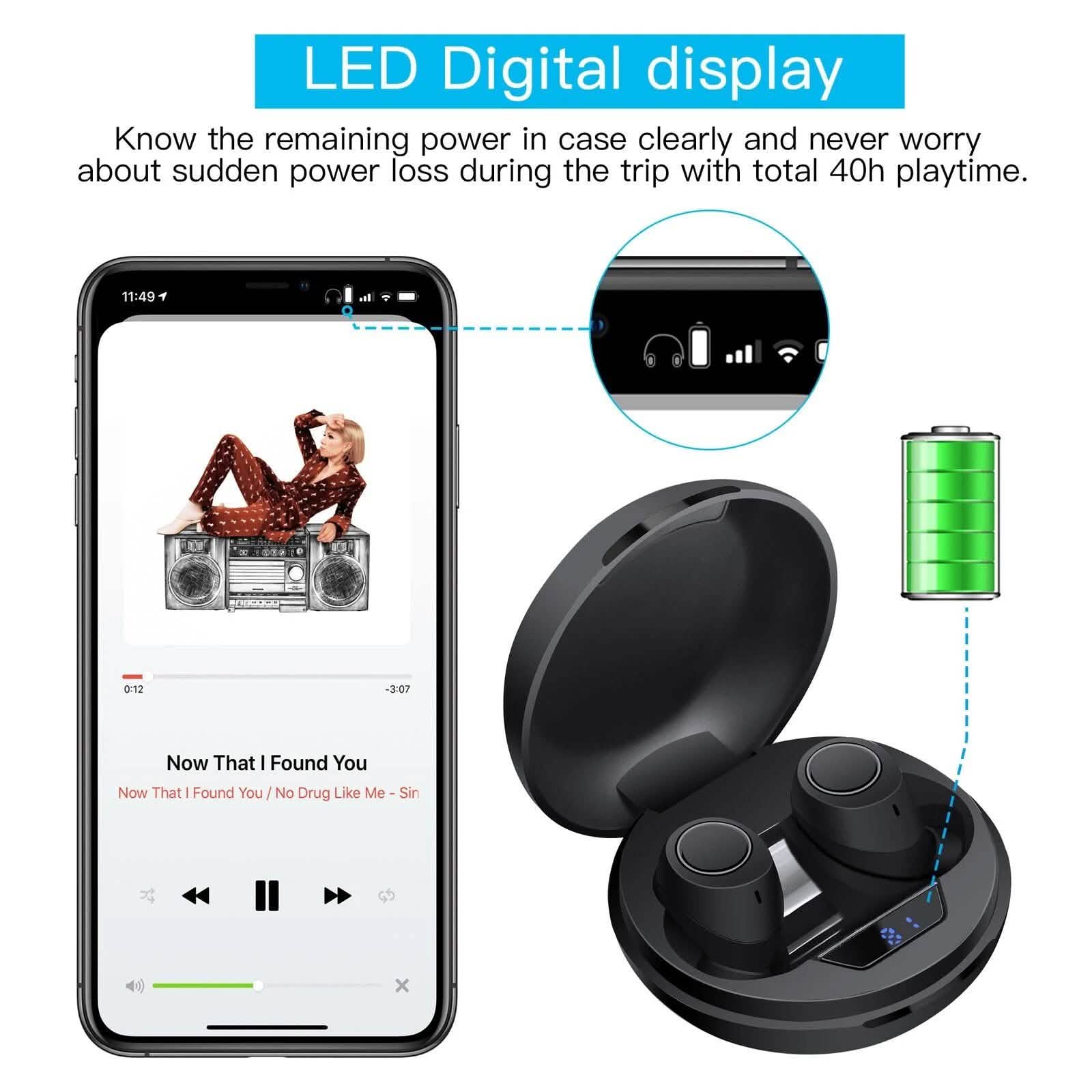 Bluetooth 5.0 Wireless Headset Deep Bass Stereo Earbuds LCD Power Display Headphones - DailySale