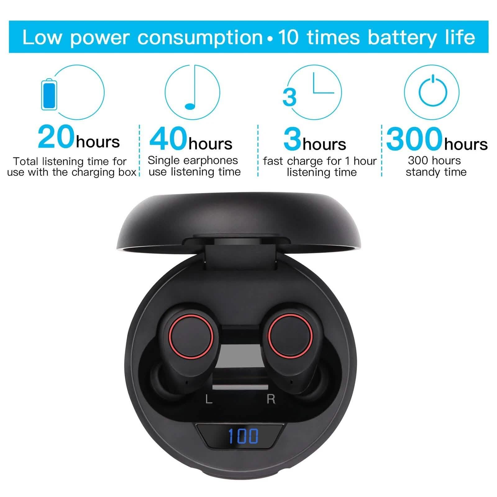 Bluetooth 5.0 Wireless Headset Deep Bass Stereo Earbuds LCD Power Display Headphones - DailySale