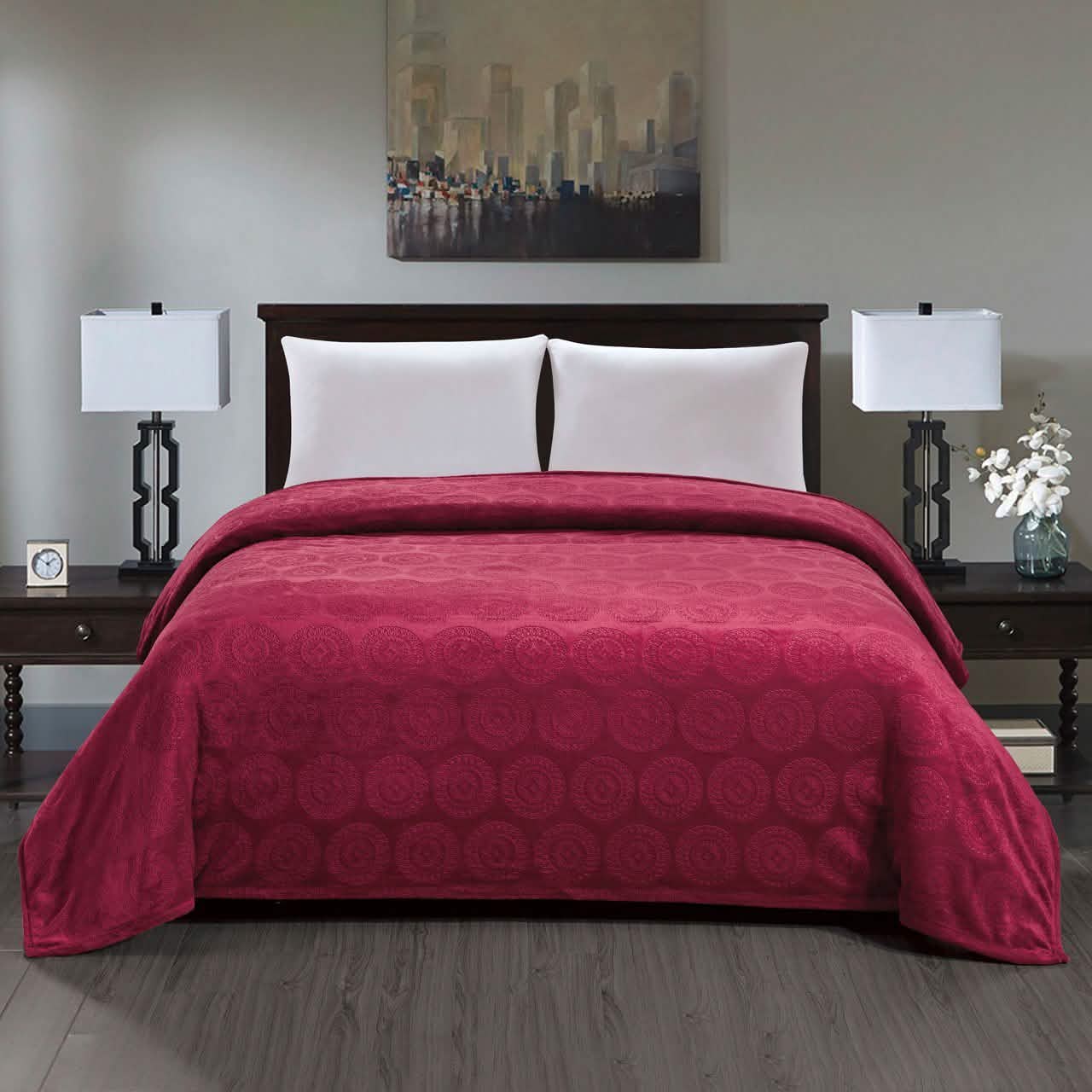Caesar French Collection Flannel Fleece Blanket Bedding Burgundy Queen - DailySale