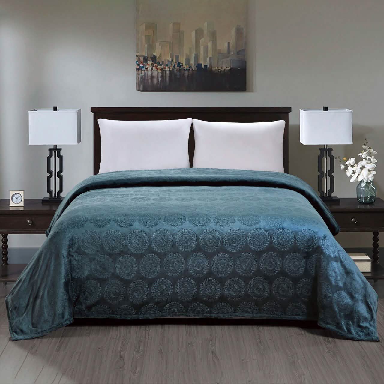 Caesar French Collection Flannel Fleece Blanket Bedding Oxford Blue Queen - DailySale