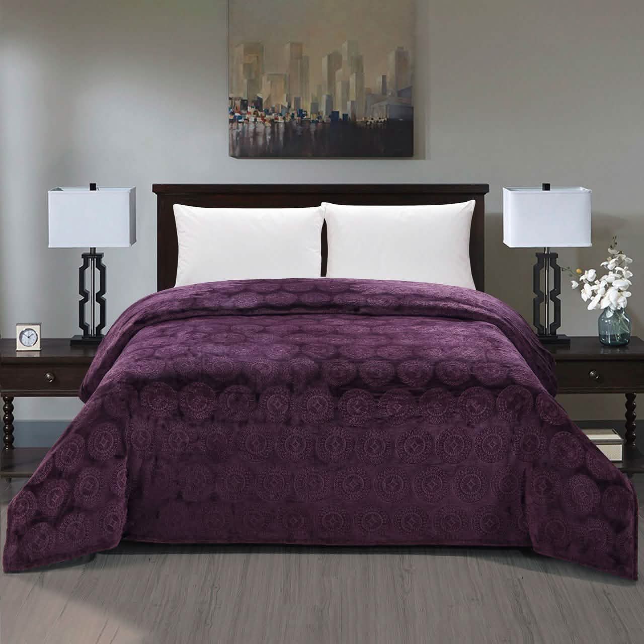 Caesar French Collection Flannel Fleece Blanket Bedding Plum Queen - DailySale