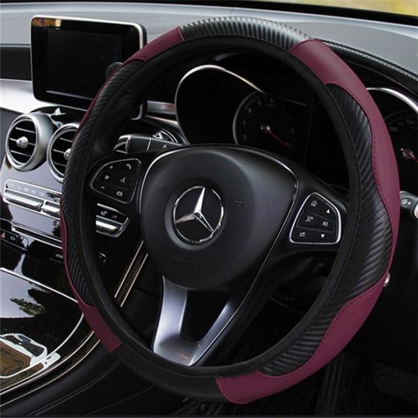 Car Auto Steering Wheel Cover Carbon Fibre Breathable Anti-slip Protector Automotive Wine Red - DailySale