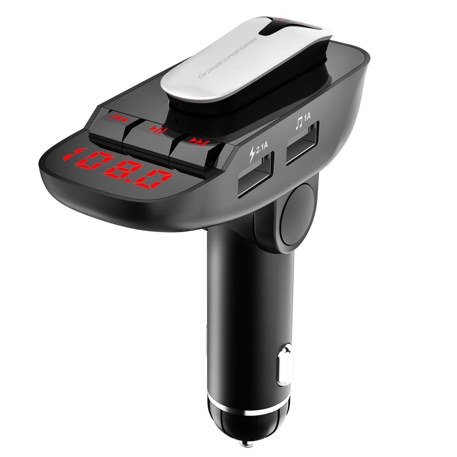 Car FM Transmitter with Wireless Earpiece 2 USB Charge Ports Automotive - DailySale