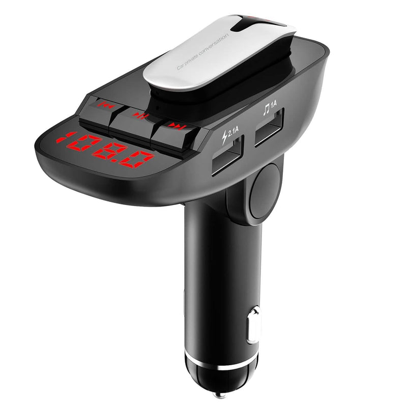 Car FM Transmitter with Wireless Earpiece 2 USB Charge Ports Automotive - DailySale