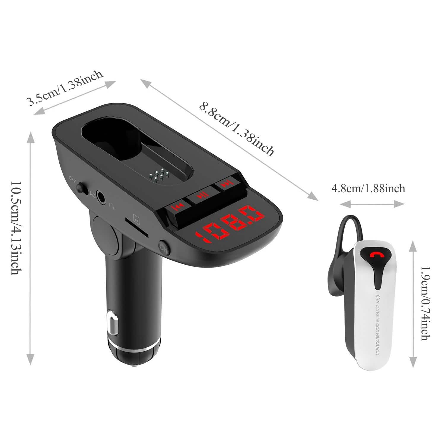 Car FM Transmitter with Wireless Earpiece 2 USB Charge Ports Automotive - DailySale