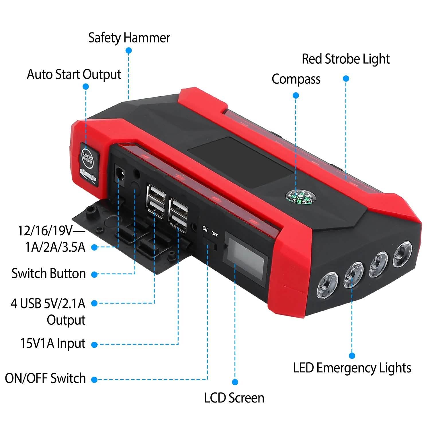 Car Jump Starter Booster with LCD Screen 4 Modes LED Flashlight Automotive - DailySale