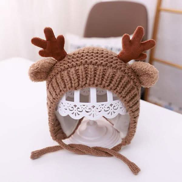 Cartoon Elk Baby Hat Winter Christmas Knitted Holiday Decor & Apparel Coffee - DailySale