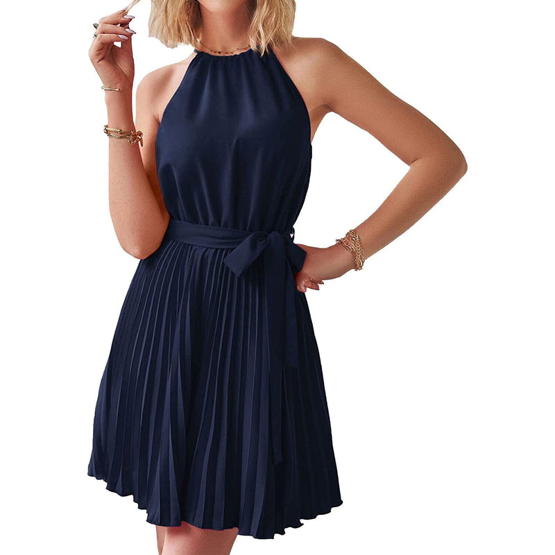 Casual Halter Neck A-Line Dress Sleeveless Belted Swing Pleated Cocktail Party Beach Mini Dresses Women's Dresses Navy S - DailySale