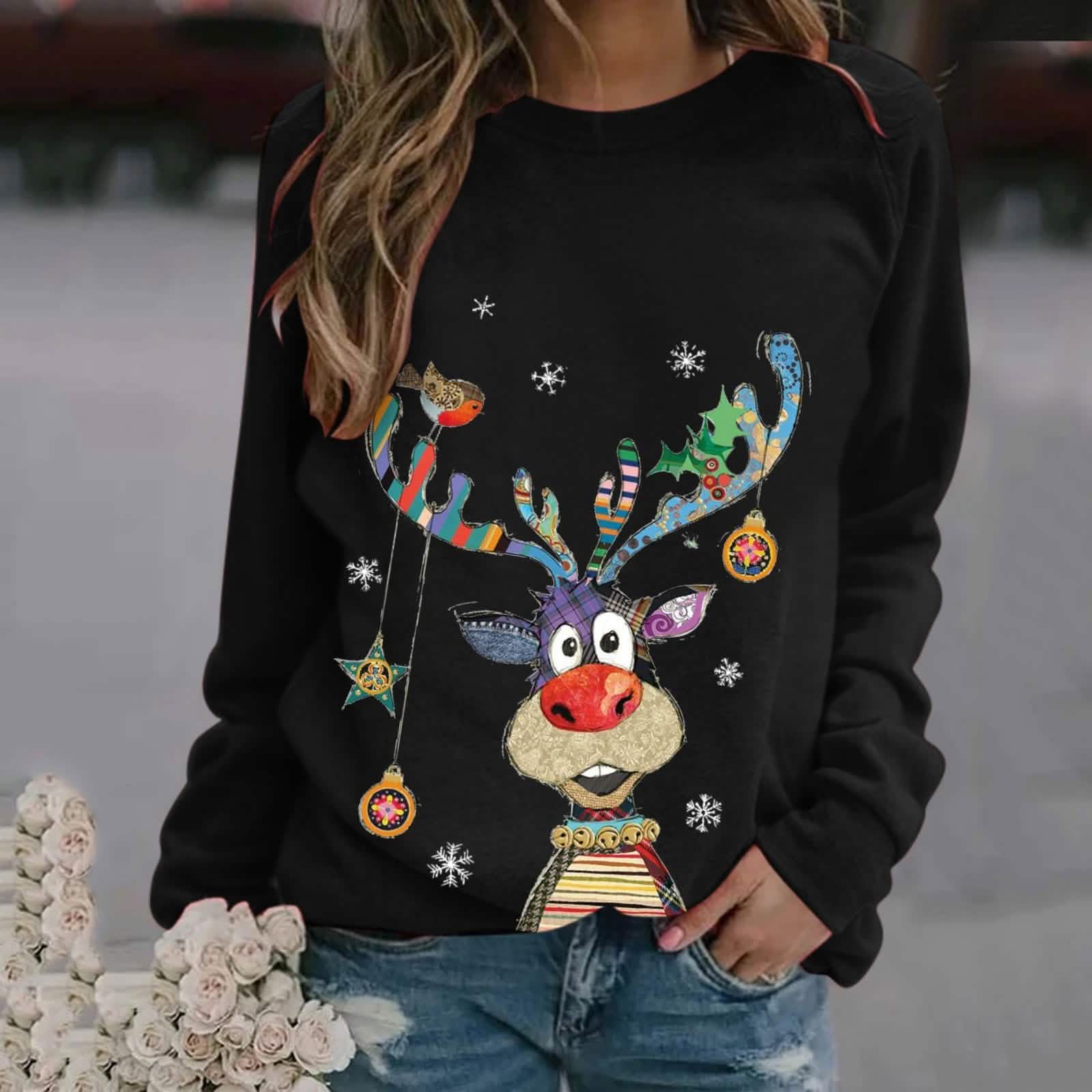 Casual O-Neck Long Sleeve Elk Print Hoodies and Pullover Tops Tees Hoody Women's Tops Black S - DailySale