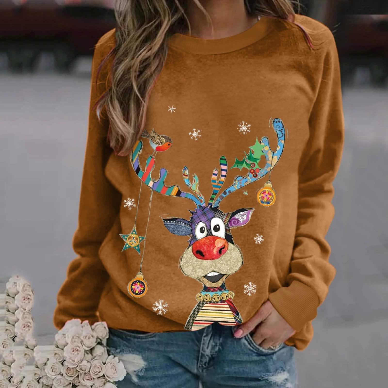 Casual O-Neck Long Sleeve Elk Print Hoodies and Pullover Tops Tees Hoody Women's Tops Brown S - DailySale