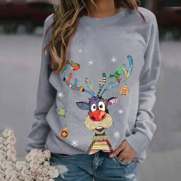 Casual O-Neck Long Sleeve Elk Print Hoodies and Pullover Tops Tees Hoody Women's Tops Gray S - DailySale