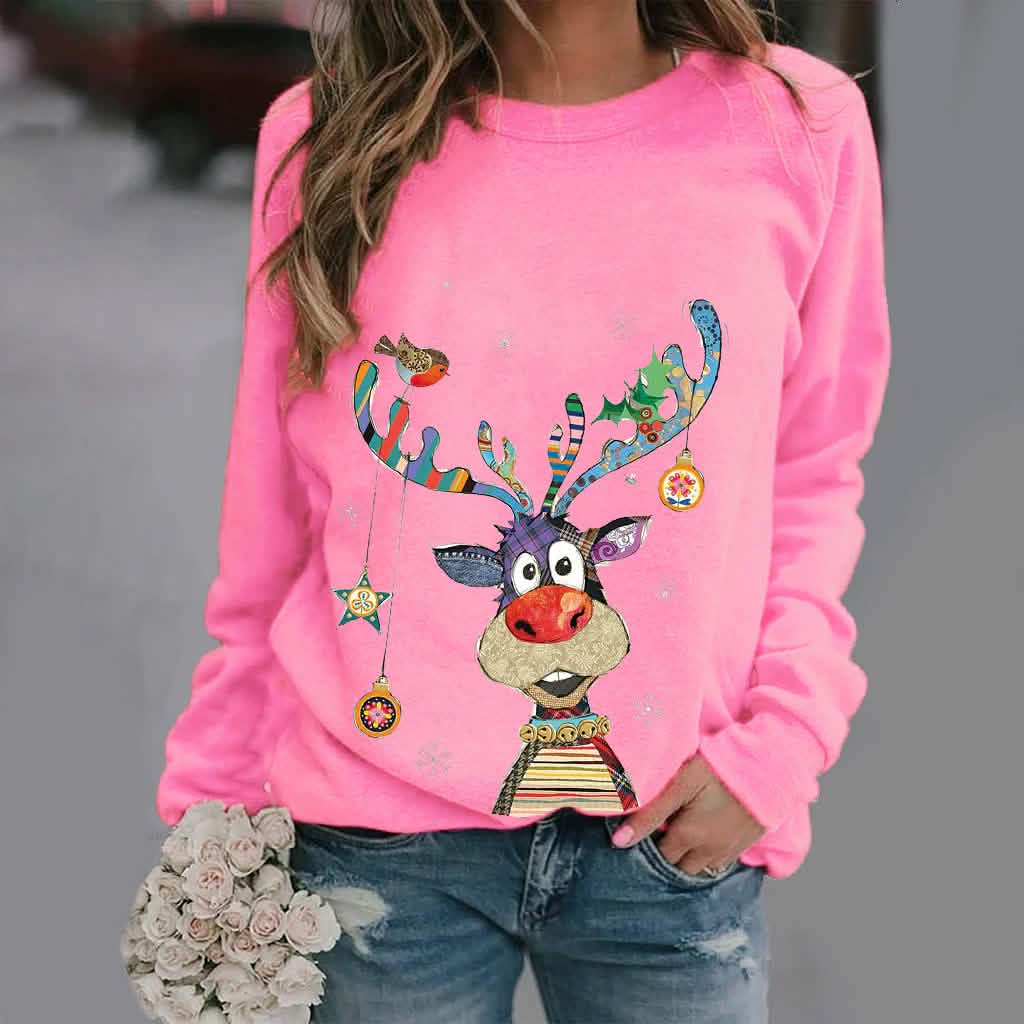 Casual O-Neck Long Sleeve Elk Print Hoodies and Pullover Tops Tees Hoody Women's Tops Pink S - DailySale