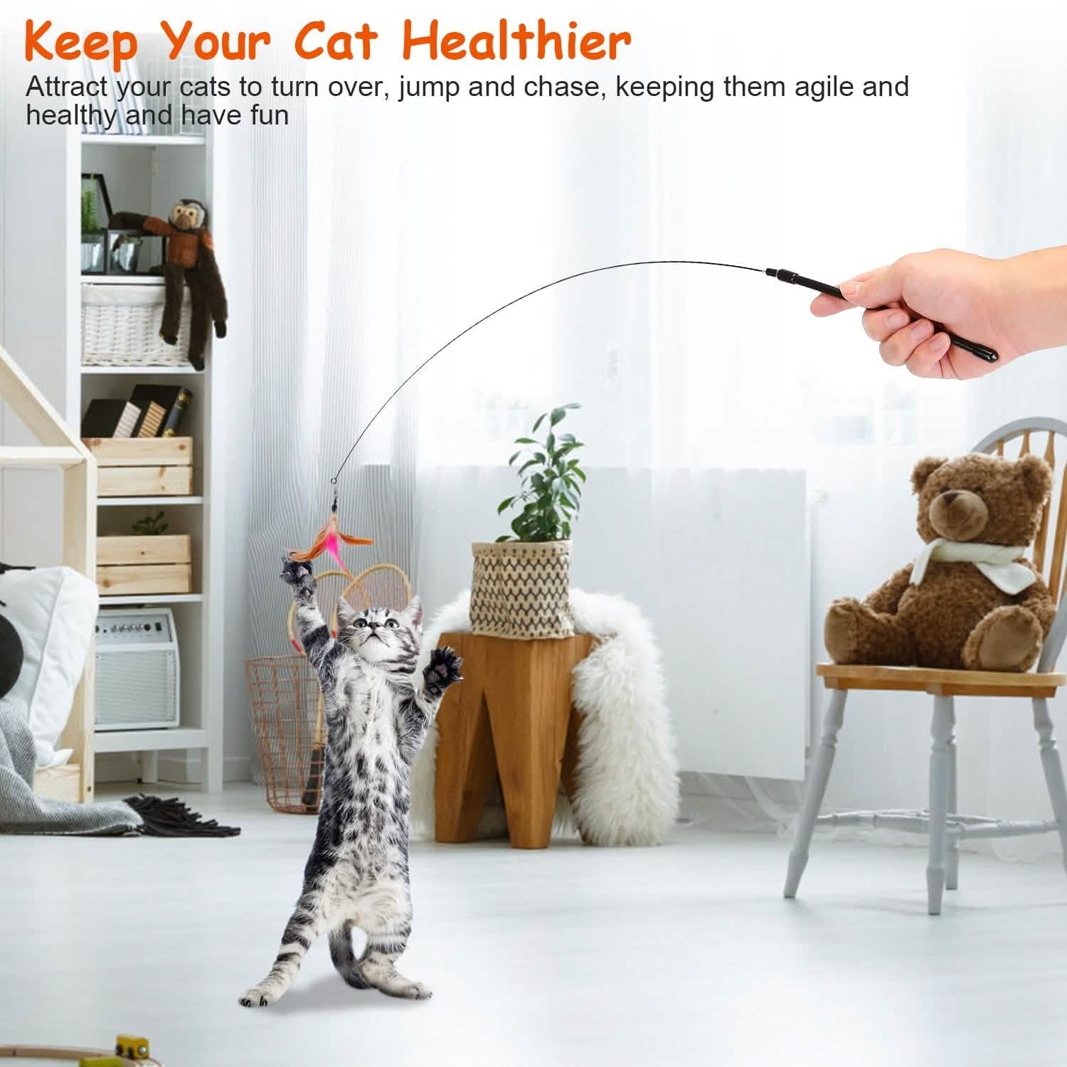 Cat Feather Wand Rod with 12 Pieces Feather Replacements for Cats Pet Supplies - DailySale