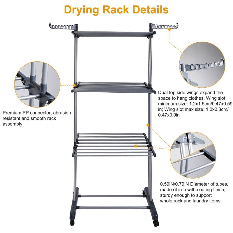 Clothes Drying Rack Rolling Collapsible Laundry Dryer Hanger Stand Rail Closet & Storage - DailySale