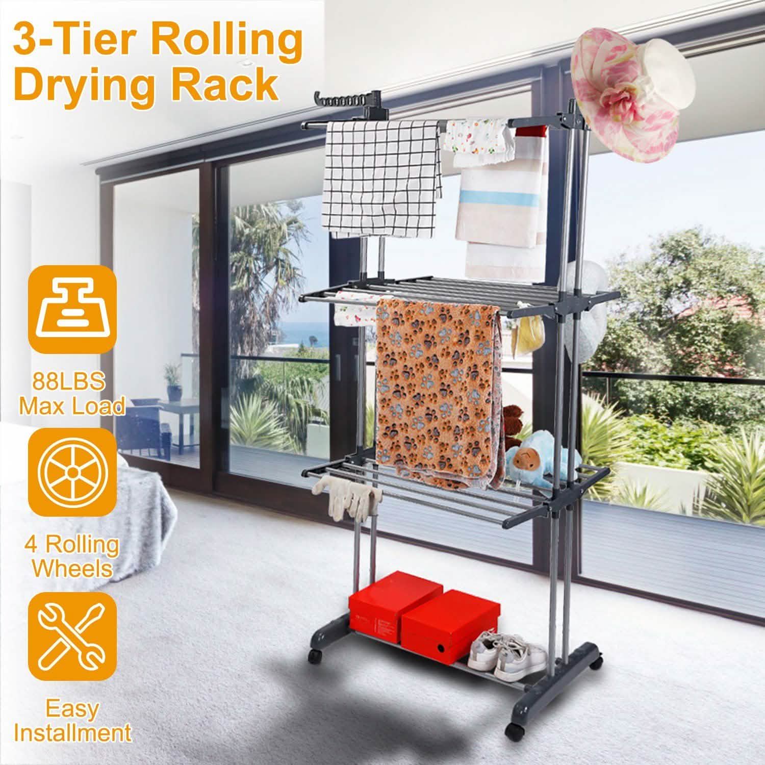 Clothes Drying Rack Rolling Collapsible Laundry Dryer Hanger Stand Rail Closet & Storage - DailySale