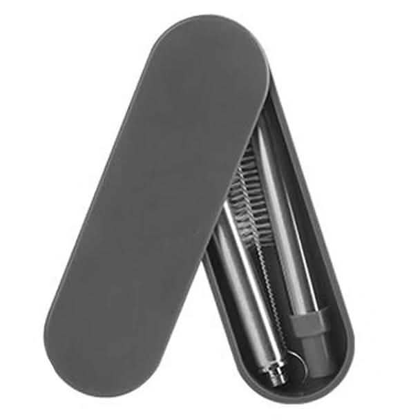 Collapsable Telescopic Reusable Drinkable Straw in grey stored in its case over a white backgound