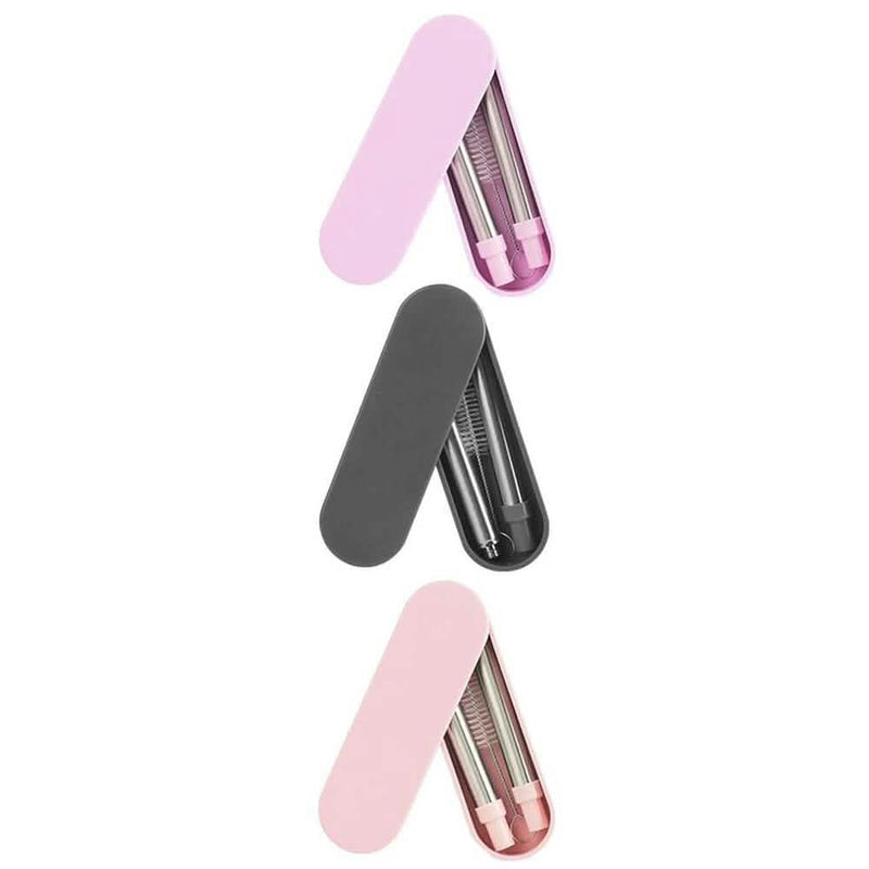 3 Collapsable Telescopic Reusable Drinkable Straws in peach, grey, and pink in semi-open cases over a white backgound