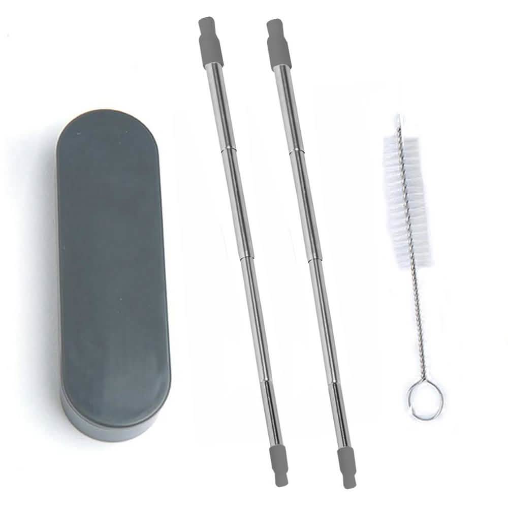 2 Collapsable Telescopic Reusable Drinkable Straw in grey next to its case and cleaning brush over a white backgound