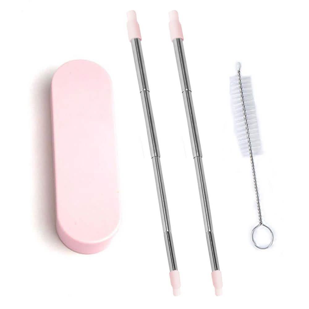 2 Collapsable Telescopic Reusable Drinkable Straw in peach next to its case and cleaning brush over a white backgound