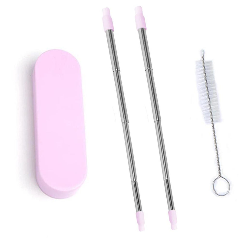 2 Collapsable Telescopic Reusable Drinkable Straw in pink next to its case and cleaning brush over a white backgound