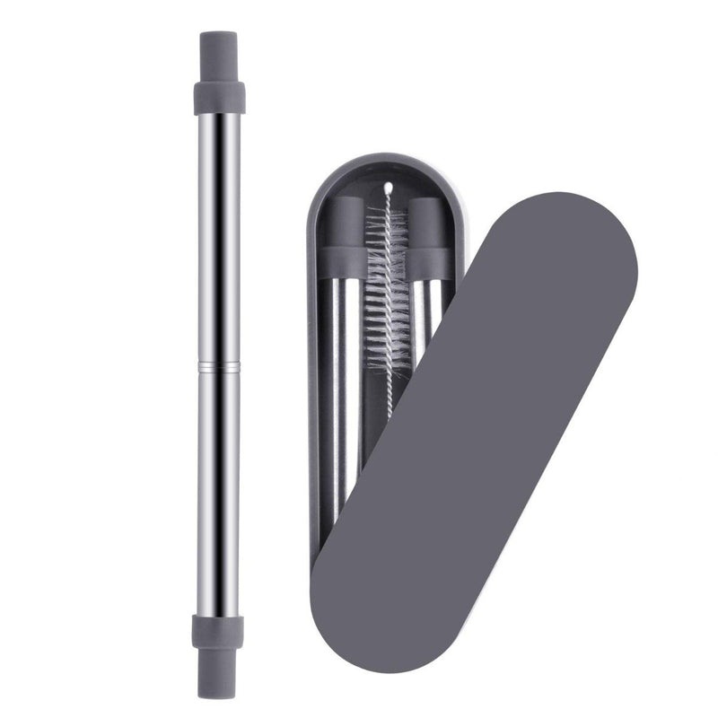Collapsable Telescopic Reusable Drinkable Straw in grey next to its semi-open case over a white backgound