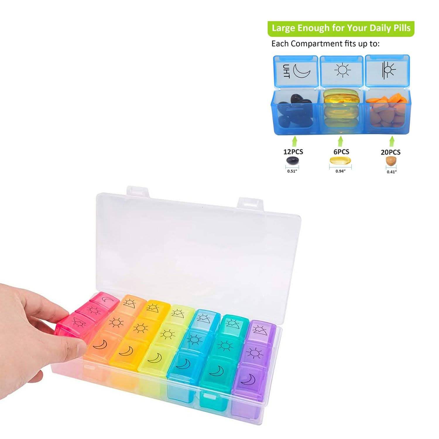 Colorful 3-Times Weekly Pills Vitamins Organizer With Large Compartments And Detachable Trays Wellness - DailySale