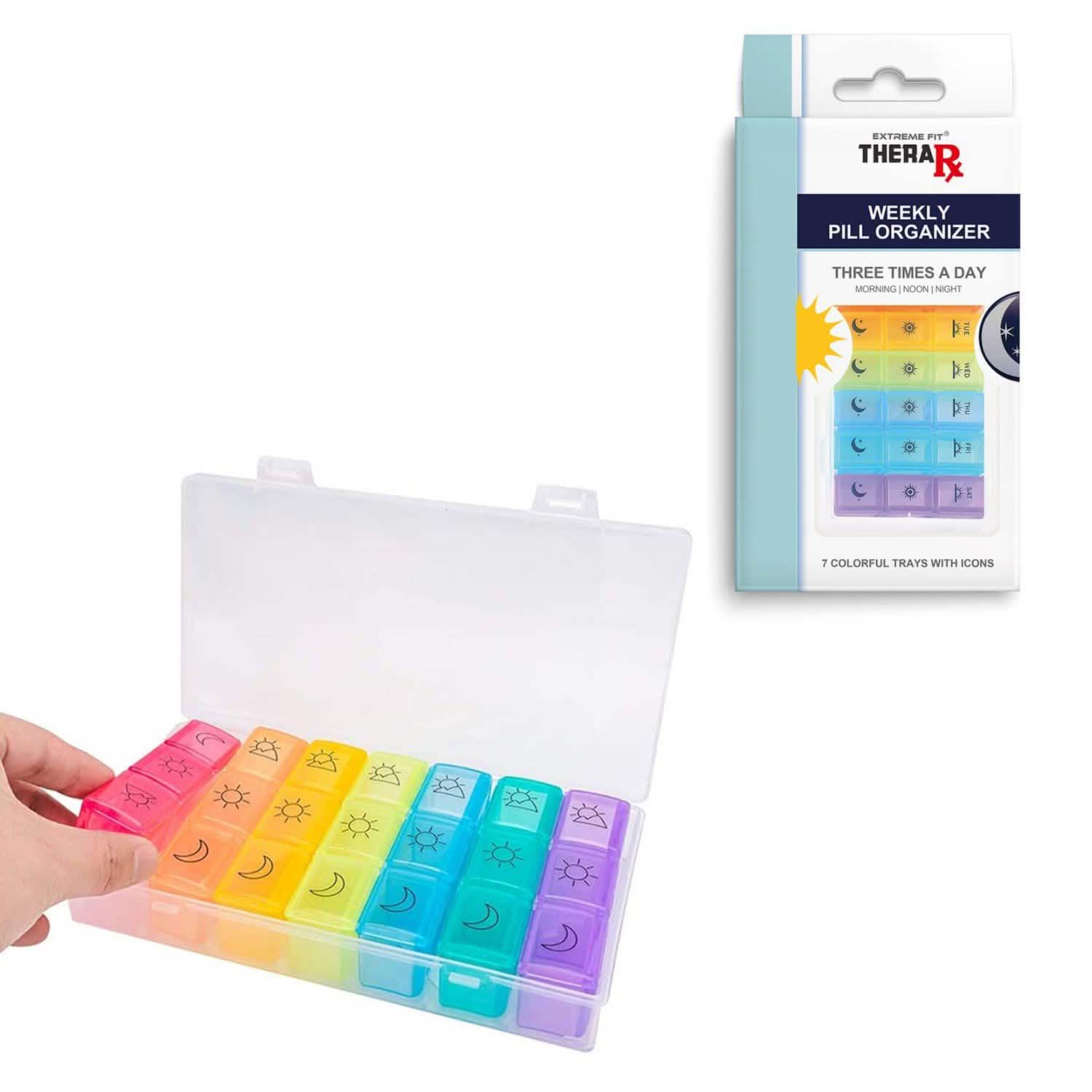 Colorful 3-Times Weekly Pills Vitamins Organizer With Large Compartments And Detachable Trays Wellness - DailySale
