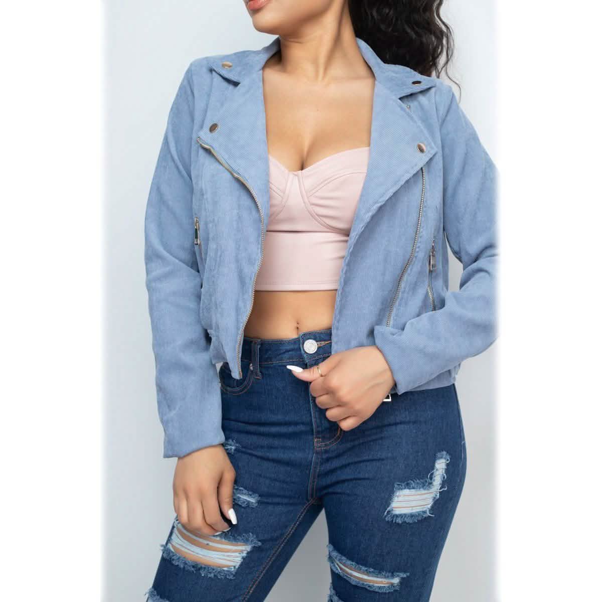 Corduroy Zipper Moto Jacket Women's Outerwear - DailySale