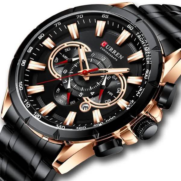 CURREN Men's Multifunctional Chronograph Calendar Quartz Waterproof Full Steel Watch Men's Shoes & Accessories Black - DailySale