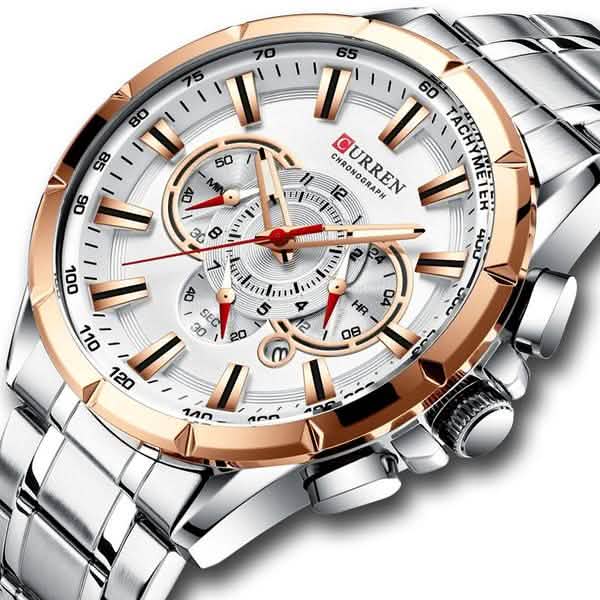 CURREN Men's Multifunctional Chronograph Calendar Quartz Waterproof Full Steel Watch Men's Shoes & Accessories Silver/White - DailySale