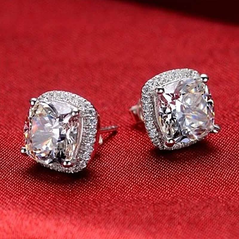 Cushion Cut Halo Studs in Sterling Silver Earrings - DailySale