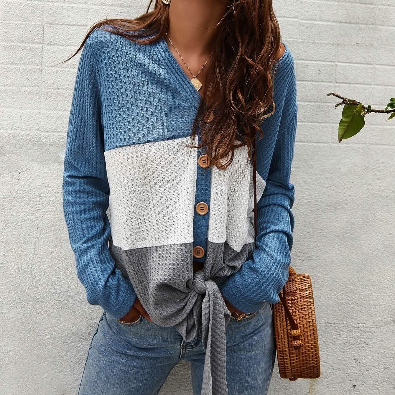 Cut And Sew Panel Knot Hem Waffle Knit Tee Women's Tops - DailySale