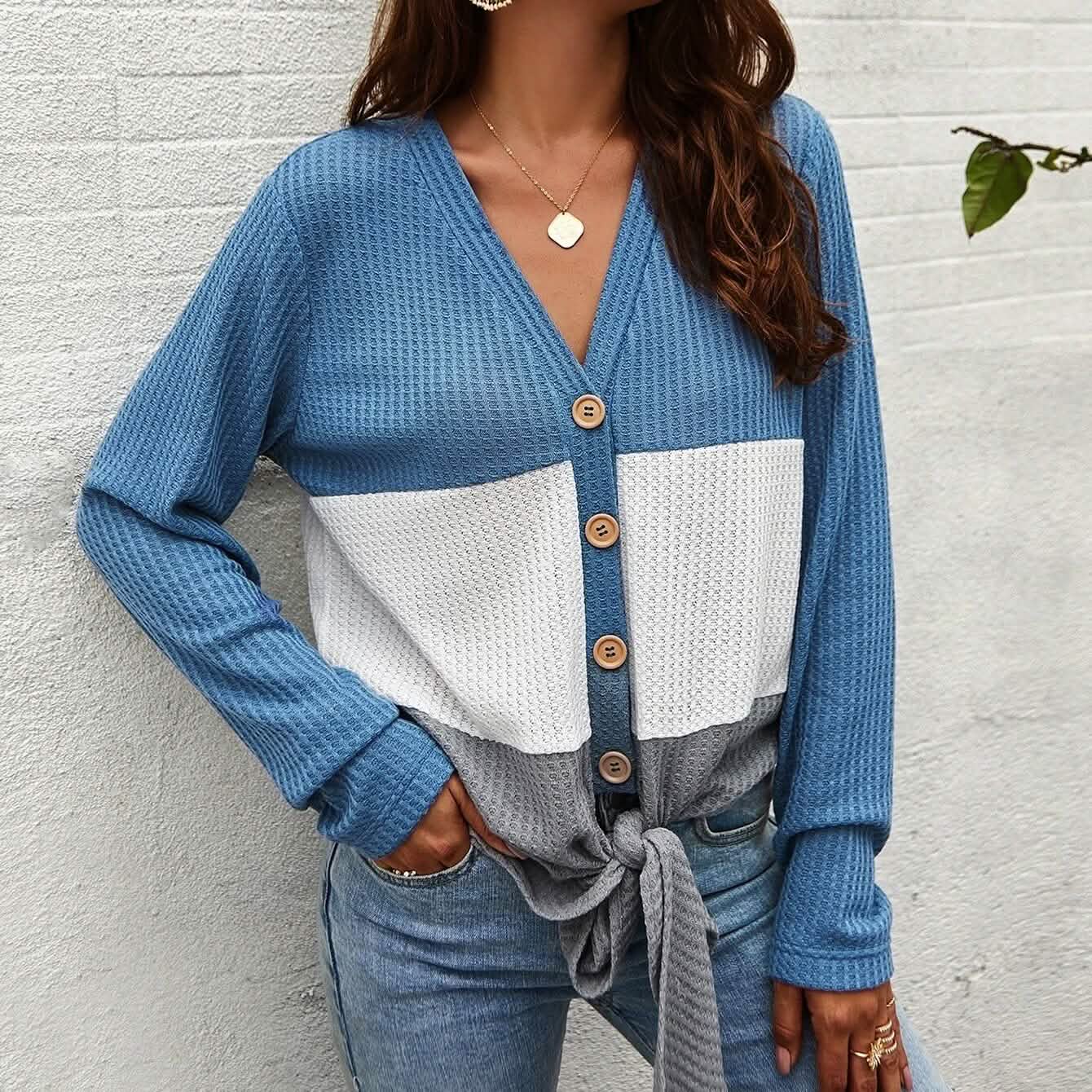 Cut And Sew Panel Knot Hem Waffle Knit Tee Women's Tops - DailySale