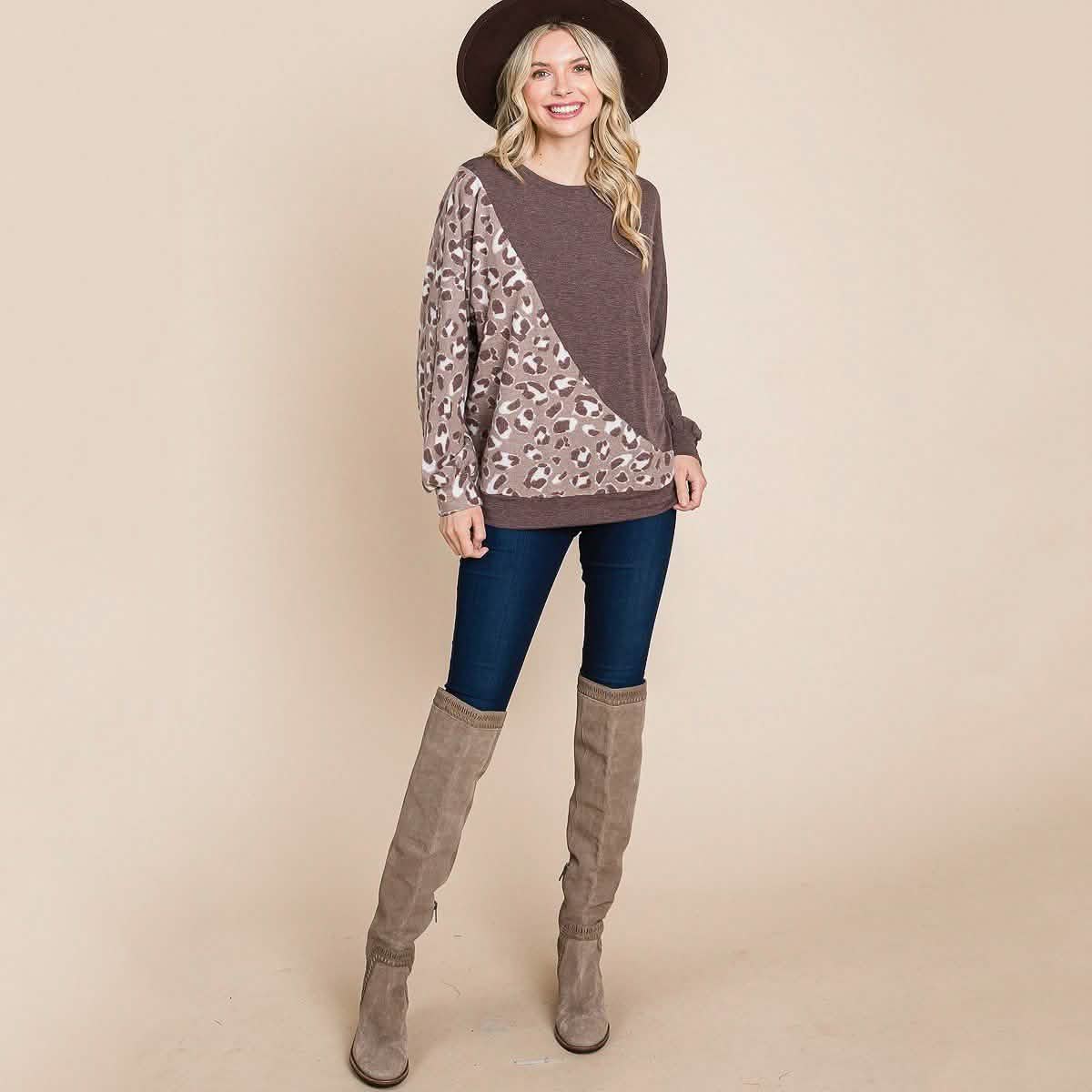 Cute Animal French Terry Brush Contrast Print Pullover with Cuff Detail Women's Tops - DailySale